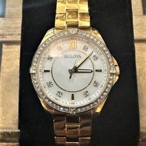 Bulova Ladies Crystal  Stainless Steel 3 hand Quartz Watch Mother of Pearl Face